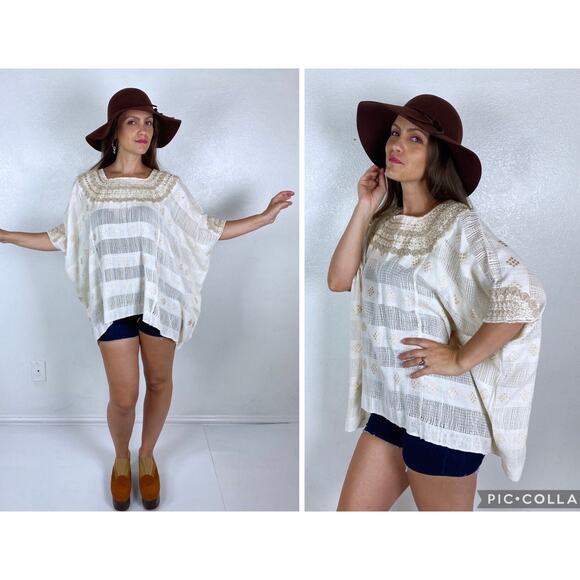 vintage 70s Cream OAXACAN Mexican Heavy EMBROIDERED CAPE top os cut out handmade - Picture 1 of 10